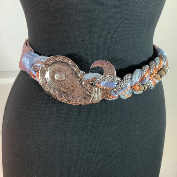 Carolyn Tanner Vintage Beaded Braided Bohemian Silver Medallion Belt - Picture 2 of 7
